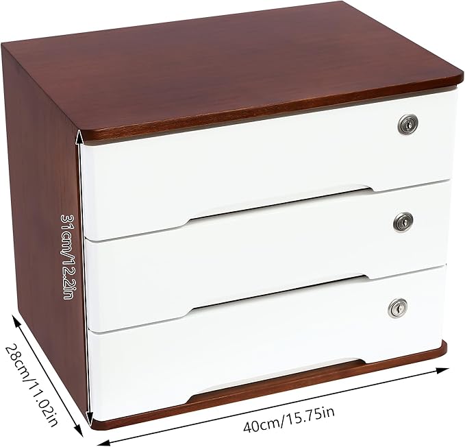 Lockable Desk Organizer Wooden Desktop Drawers Office Flat Files Storage Box Locking Countertop Storage Cabinet (Walnut + White, 3-Tier)