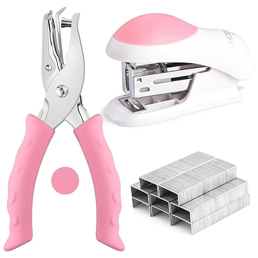 NEBURORA Pink Single Hole Puncher Metal with Soft-Handled Bundle Pink Mini Effortless Desktop Staplers with 400 Standard Staples