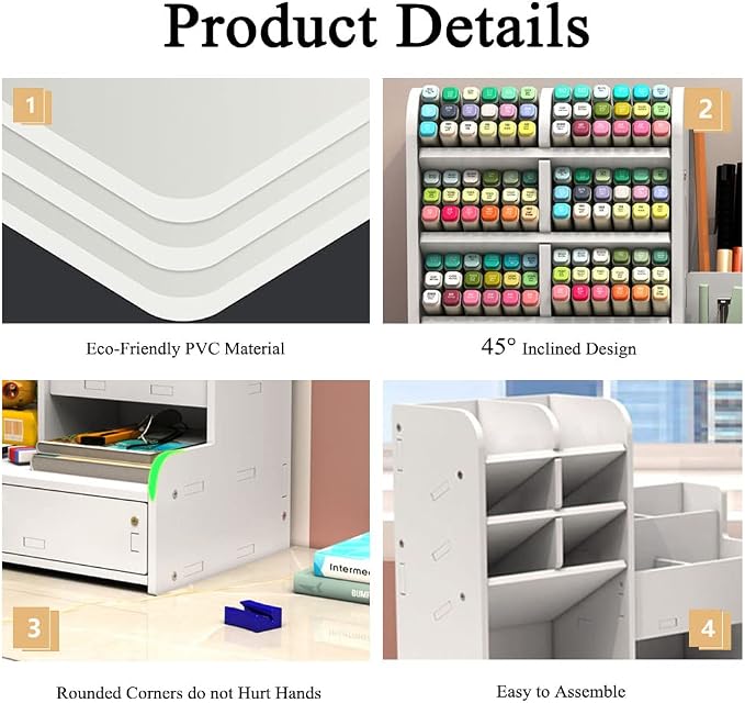 Hggzeg White Pen Organizer with Drawer, DIY Pencil Holder Desk Tidy Caddy Office Stationery Desktop Organiser for Home, Office and School (PB17 White)