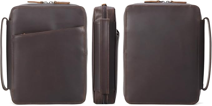 Polare Full Grain Leather Bible Cover Church Bag 10x7.5x2.2 inch Carrying Book Case Bible Protective with Handle and YKK Zippered Pocket (Dark Brown)