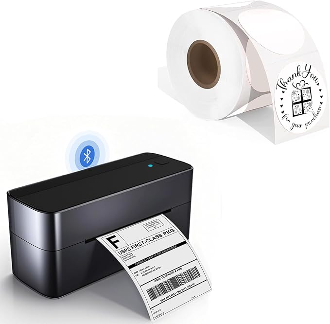 Phomemo Black 4x6 Shipping Label Printer with 1 Roll White 2" Round Thermal Labels