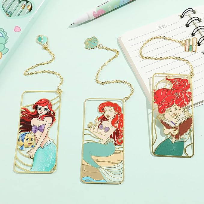 Cute Little Mermaid Anime Metal Book Mark -Metal Bookmarks Anime Fans Collection Accessories Reading Marker Gift for Book Lovers Women Girls Kids (Set)