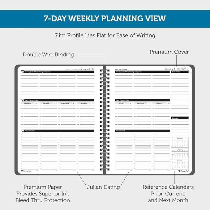 Planner Pad Spiral Bound January-December 2026/ Calender Year 6 3/4" x 8 1/2" Medium 3-Tier Funnel Down 12 Month Organizer, Black Cover/Black Ink