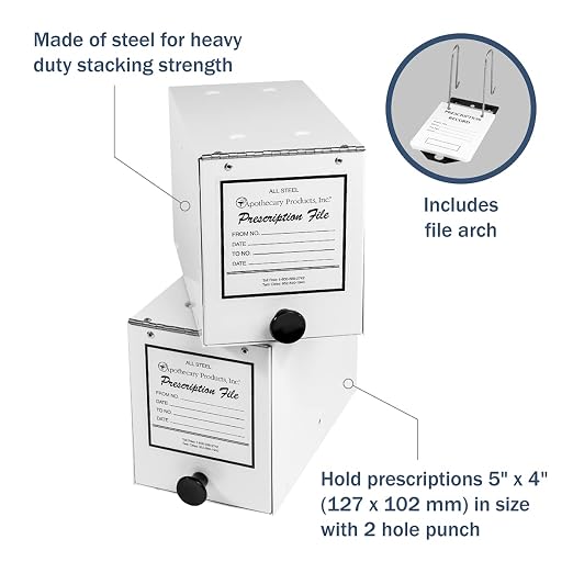 Apothecary Products Steel File Organizer & Box, Storage for Paper, Files, Prescriptions, Includes File Arch, Made in the USA, White, 5" x 6 1/4" x 9 1/4"