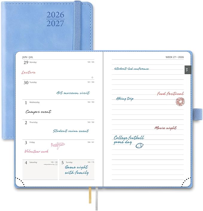 POPRUN 2026-2027 Pocket Planner (Size 4''x 6.25'') Weekly and Monthly Academic Calendar (JUL.26 - JUN.27) with Note Page and Monthly Tabs, Inner Pocket, Leather Soft Cover, 100 GSM - Cerulean Blue