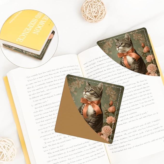 2PCS PU Leather Bookmarks 3.5x3.5 Inch Cat Rose Bow Design | PU leather bookmarks with cat rose bow design for novels, daily journals, reading notes, students, women readers and cat fans