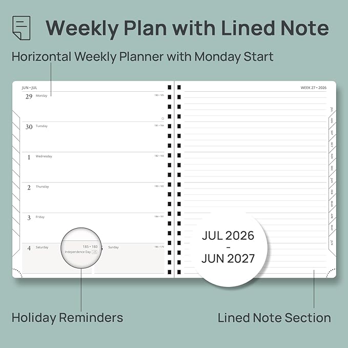 POPRUN Weekly Planner 2026-2027 (July 26-June 27), Large-8.5" x 10.5", Academic Agenda 2026-2027 Calendar Notebook Planner for School, College, Spiral Leather Softcover, 100GSM - Pink