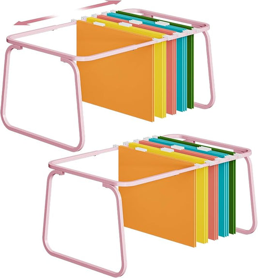 Marbrasse Hanging File Folder Frame, Adjustable Letter Size File Holder 16-25 Inches, Metal File Cabinet Rails for Office, Home, School, 2P(Pink)