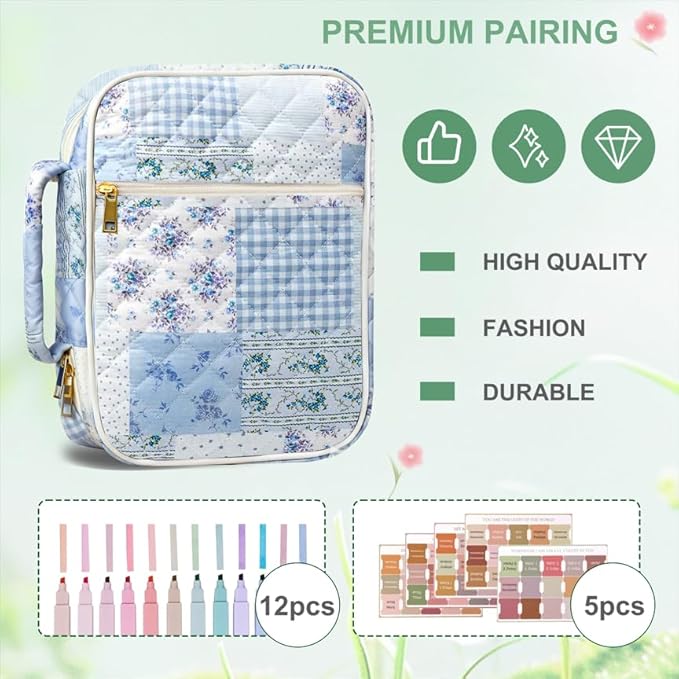 Bible Cover Case for Women, Bible Bags Large Quilted Bible Cover with Bible Study Supplies Accessories Church,Classroom,Campus,Neighborhood Association (Blue,M/L)