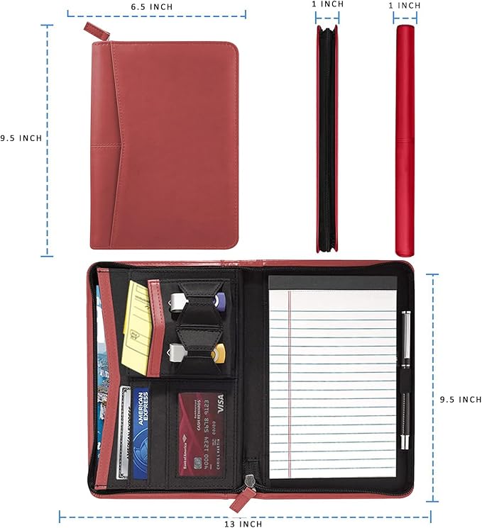 Junior Padfolio Portfolio with 5 x 8 Writing Pad, A5 Business Portfolio Binder Folder Organizer Multi-Function Combination Case for Men Women, Red.
