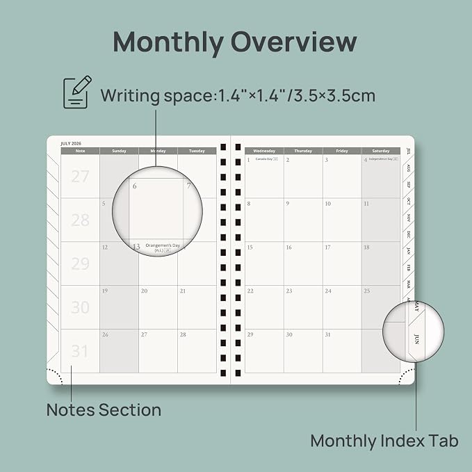 POPRUN 2026-2027 Academic Year Weekly and Monthly Planner Calendar,Jul 2026 - Jun 2027，6.25" x 8.5",Daily Agenda Book & Appointment Book with Hourly Schedule, Tabs, Hardcover, School and Office Supplies - Pacific Green