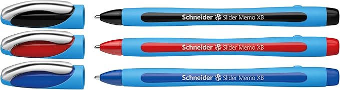 Schneider Slider Memo XB (Extra Broad) Ballpoint Pen, 1.4 mm, Light Blue Barrel, Assorted Ink Colors, Pack of 3 Pens: Black, Red, Blue (150293)