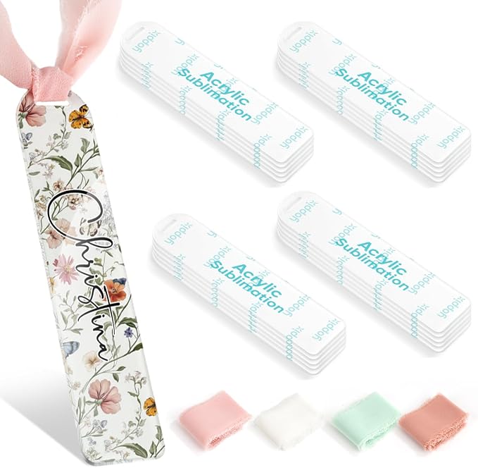 YOPPIX 40 Pcs Sublimation Acrylic Bookmark Blank kit, with 20 Ribbons for Heat Transfer Bookmarks Wedding Table Decorations, Christmas Tree Decor, Reading Lovers DIY Crafts Presents