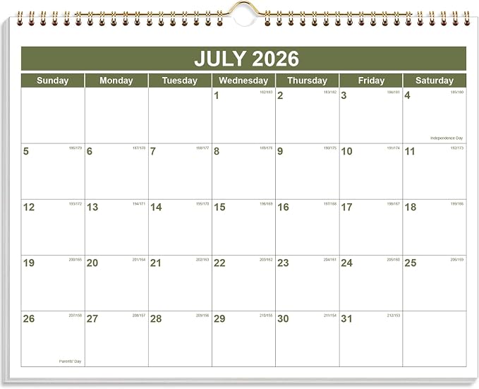 Calendar 2026-2027 - Wall Calendar 2026-2027 from July 2026 - December 2027, Spiral Binding Hanging Wall Calendar 2026 for Home/Office, 8.5" x 11", Green