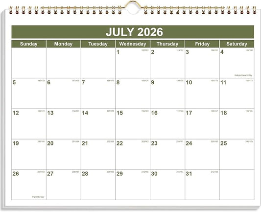 Calendar 2026-2027 - Wall Calendar 2026-2027 from July 2026 - December 2027, Spiral Binding Hanging Wall Calendar 2026 for Home/Office, 8.5" x 11", Green