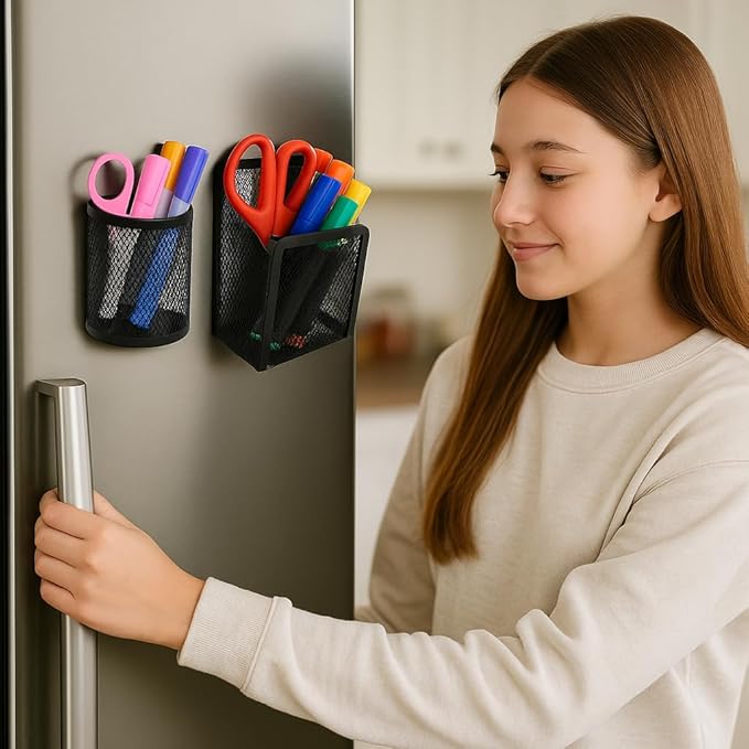 Dranup Back to School Magnetic Locker & Fridge Organizer Set - 2 Metal Pen Holders, 1 Iron Clip, 3 Magnetic Flower Decorations | Dorm Room & Kitchen Organization