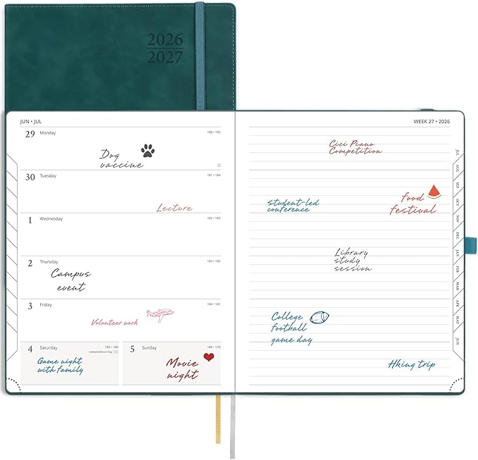 POPRUN Weekly Planner 2026-2027 (Large 8.5''x 10.5'') Academic Calendar (JUL.26 - JUN.27) Appointment Book with Monthly Tabs, Leather Soft Cover, Inner Pocket, 100 GSM - Petrol Green
