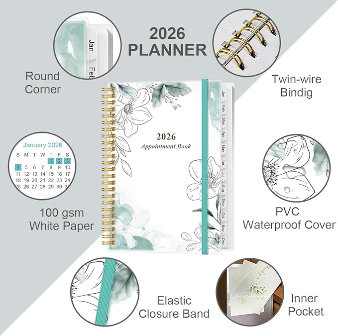2026 Appointment Book & Planner - Hourly Planner from January 2026 -December 2026, Weekly Appointment Book 2026 with 30-Minute Interval, 6.4" x 8.5", Teal Floral