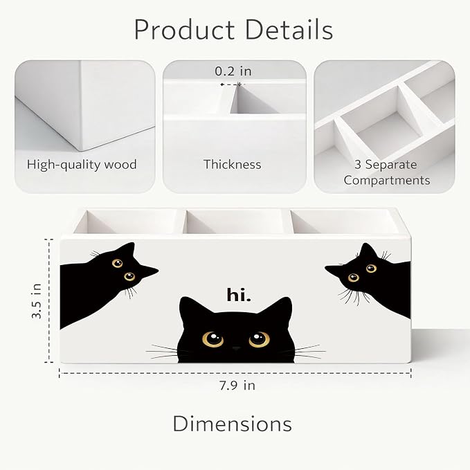Black Cat Desk Organizer Wooden Pen Pencil Holder for Desk, 3 Compartments Office Desk Accessories, Cute Peeking Cat Desk Decor, Funny Cat Lover Gifts for Women Home Office Desk Storage