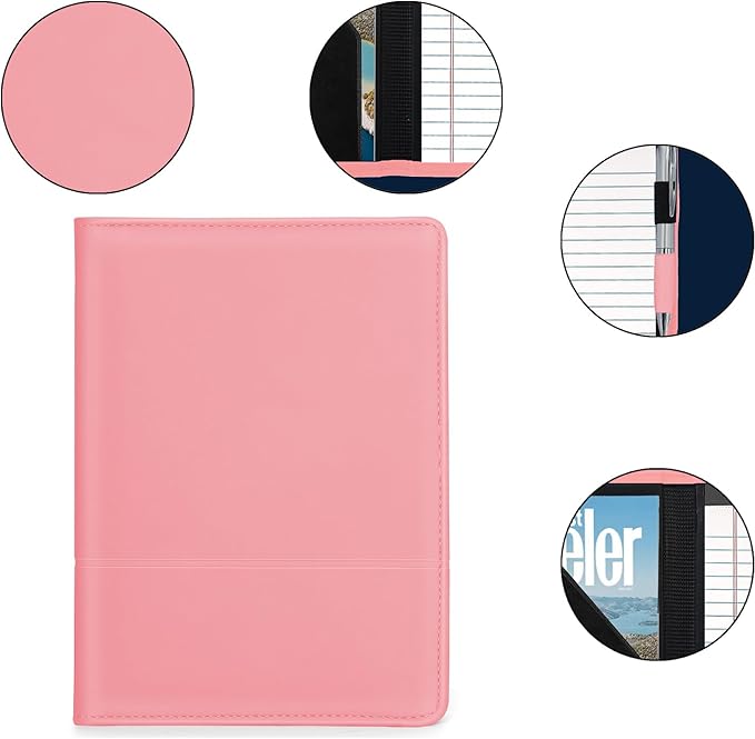 A5 Padfolio Business Portfolio Folder,Junior Size Document Folder Organizer, Padfolio with Interior Pocket and Pen Loop, 5 x 8 Writing Pad Included, Light Pink.