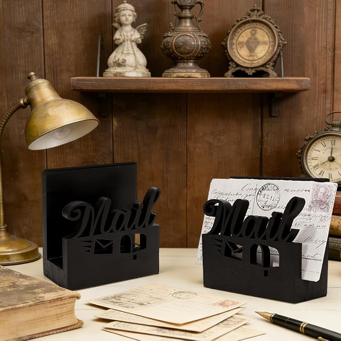 PH PandaHall 2pcs Wooden Mail Holder Desktop Mail Organizer Countertop Letter Sorter Envelope Holder Document File Storage Rack for Desk Office Home School Bills Notes Postcard Organization, Black