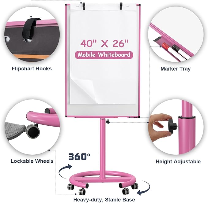 Mobile Dry Erase Board, 40x26 Inches Mobile Whiteboard on Wheels, Magnetic Standing White Board with Flip Chart Paper, Portable Rolling Dry Erase Board for Classroom, School, Office, Home