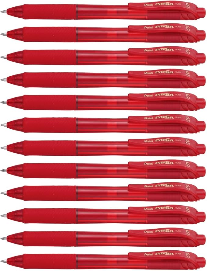 EnerGel Pentel X Retractable Liquid Gel Pen (0.7mm) Metal Tip, Red Ink, Box of 12 (BL107-B)