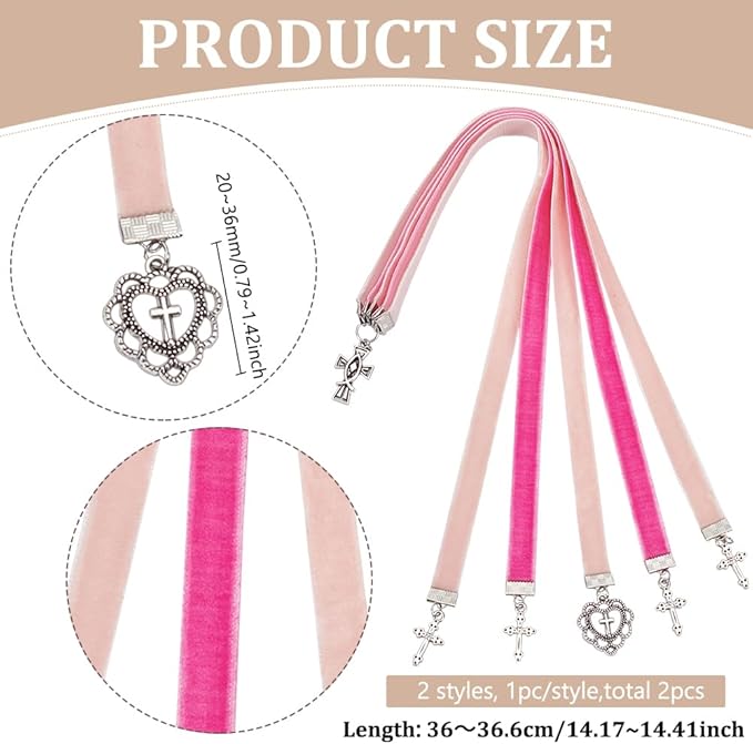 FINGERINSPIRE 2 Pcs Bible Ribbon Bookmark 2 Styles 14.2 Inch Velvet Ribbons Bookmark with 5 Ribbons Multi Page Ribbon Marker with Cross Charm for Bible Books(Cross Heart Blue & Pink)