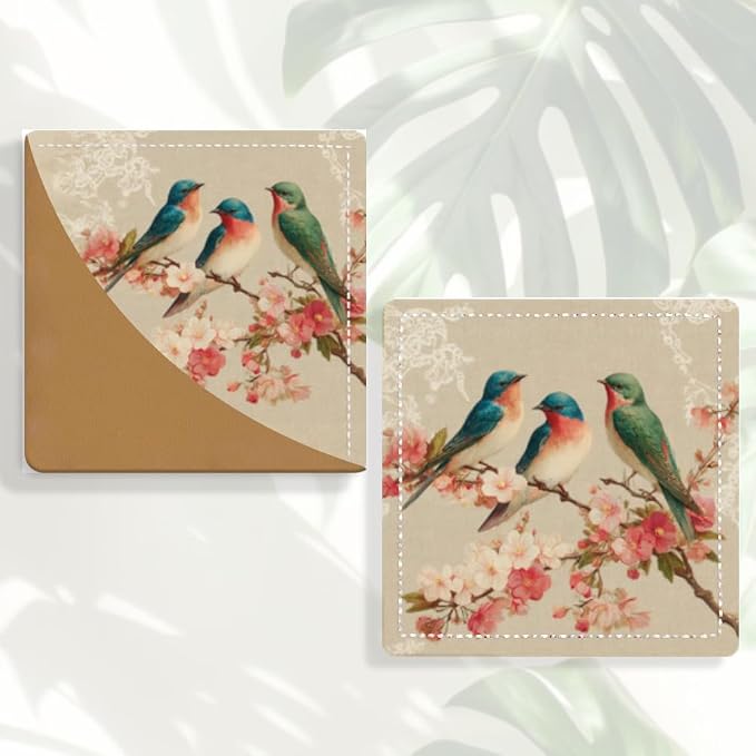 2PCS PU Leather Bookmarks 3.5x3.5 Inch Birds Cherry Blossom Design | PU leather bookmarks with birds cherry blossom design for novels, journals, planners, students, teachers and book lovers