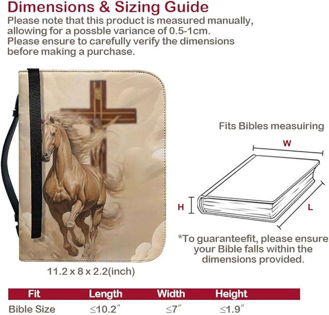Bible Case with Handle and Zipper, Premium PU Leather Waterproof Bible Cover 11.2 x 8 x 2.2 Inches, Book Case for Standard Size Bibles with Pen Storage, Bible Accessories Gifts (Horse)
