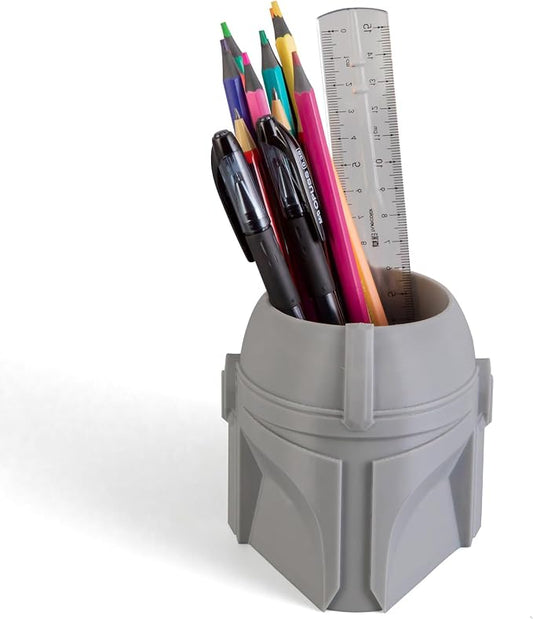 Cool Helmet Pen Holder, Armor Figurine Pencil Holder for Office Desk Decor, 3D Printed, Grey, Durable and Fun Gift Idea