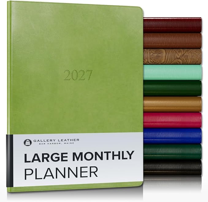 Gallery Leather Large Monthly Planner 2027, Elegantly Bound Calendar Planner and Notebook with Stylish Gold-Gilded Page Edges, 18 Months - Acadia Lime - 9.75x7.5"
