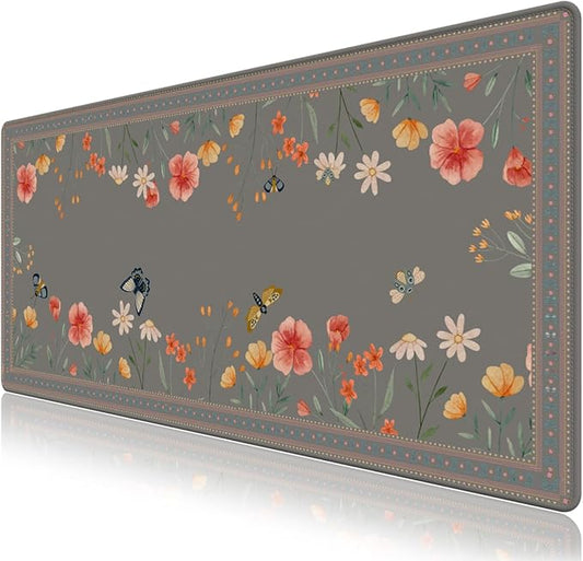 Desk Pad for Keyboard and Mouse, Large Mouse Pad for Desk, Non-Slip Keyboard Mat, Computer Mats for Desk, Cute Desk Pad with Stitched Edges for Office, Gaming I Brown Butterflies Flowers