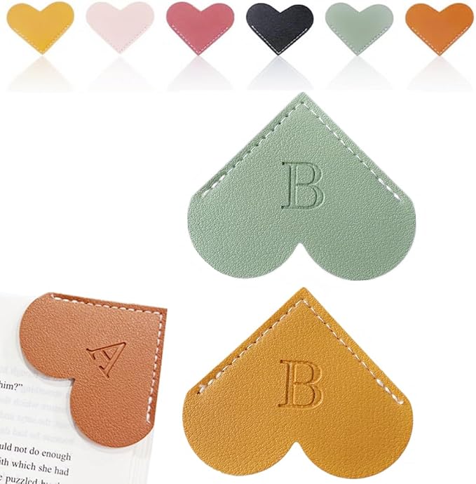 Personalized Leather Heart Bookmark, 26 Letters Customized Corner Book Mark for Reading Women, Book Marker with Initials，Cute Gifts (Green+Light Brown, B)