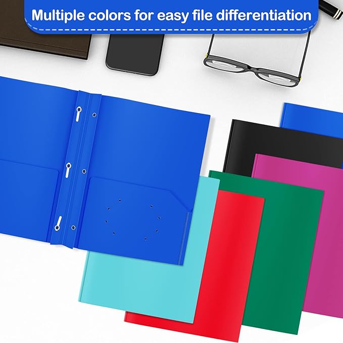 ViVin 12 Pack Plastic Folders with Pockets and Prongs, Heavy Duty 2 Pocket Folders with 3-Prong Fasteners, Poly File Holds 8-1/2" x 11" Paper for School Office Home (Blue)