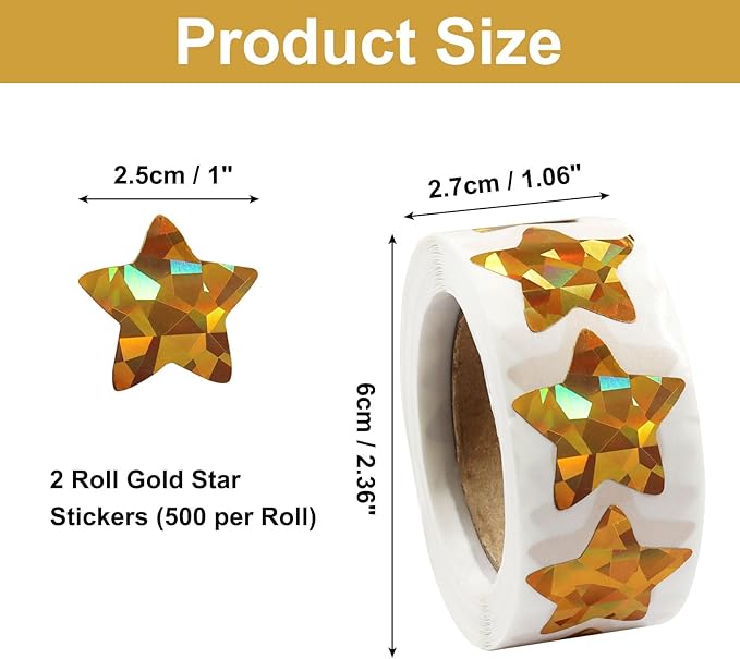 2 Roll 1 Inch Gold Foil Star Stickers, Glitter Metallic Self Adhesive Star Labels for DIY Crafts Classroom Student Planner Teachers Supplies (500 Pcs Per Roll)