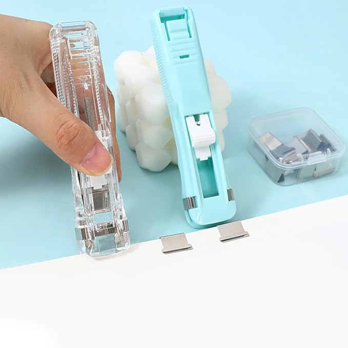 Stapler Set White Refillable Clip Stapler Portable Office Paper Fastener Clip Dispenser Document Binding Tool for Student and Office Use