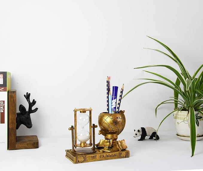 Owlgift Globe-Themed Pencil Holder with Hourglass, Resin Desktop Organizer for Office & Study, Pen Holder with Sand Timer, Classic Globe Addition Scissors Storage, Artistic Gift for Travel Lovers