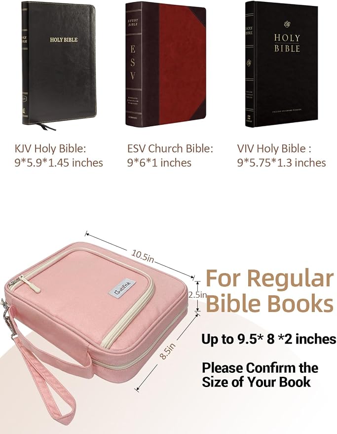 Bible Cover Case for Women, Church Study Book Bible Bag, Bible Carrying Case with Pockets for Bible Accessories, Bible Book Cover with Zipper Christian Gifts fits Bible Size Up to 9.5"x8"x2" Pink