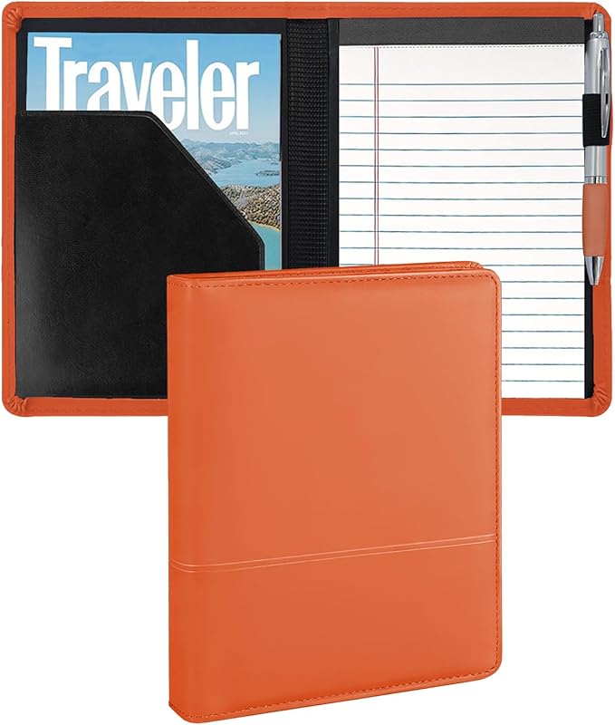 A5 Padfolio Business Portfolio Folder,Junior Size Document Folder Organizer, Padfolio with Interior Pocket and Pen Loop, 5 x 8 Writing Pad Included,Orange.