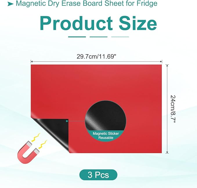 PATIKIL Magnetic Dry Erase Board Sheet for Fridge, 3 Pcs 12 x 8 Inch Erasable Refrigerator Whiteboard for Kitchen for Home Kitchen Organizer Planner Office Storage, Red (1mm)