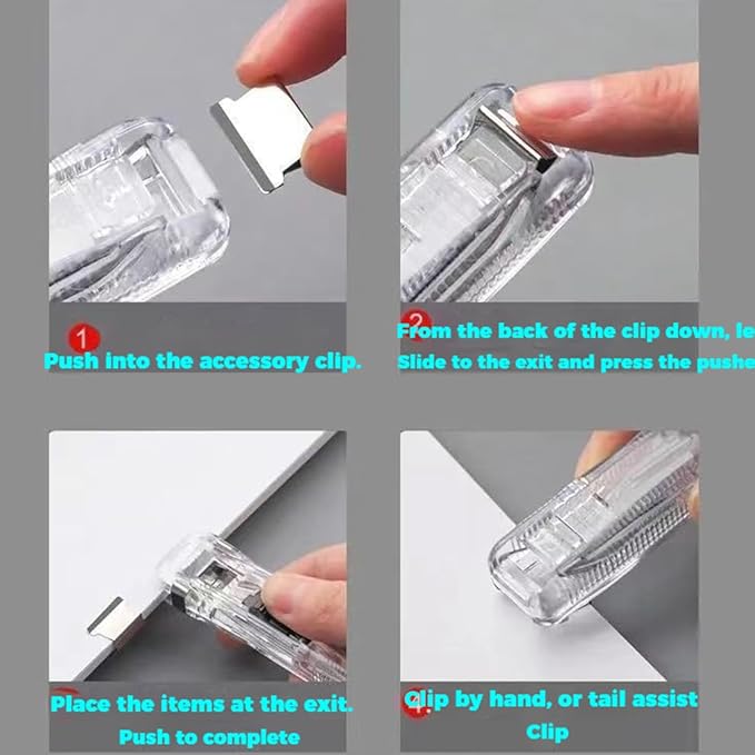 Portable Binder Clip Stapler - Includes 100 Reusable Clips, No Staples, No Holes,Push Clip Paper Clam Dispenser, Reusable Desktop Stapler for Document Home School (1-E)