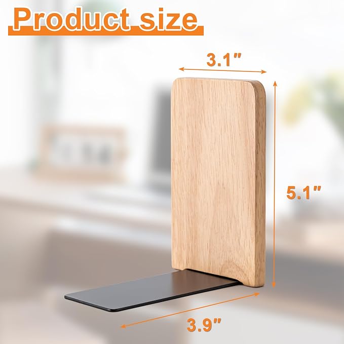2 Pcs Wood Book Ends for Shelves, Bookends for Heavy Books,CD,File,Video Games, Book Organizer for Home Office School Supplies (2, Small)