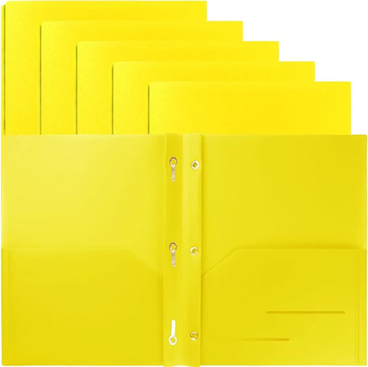 Youngever 6 Pack Heavy Duty Plastic Two Pocket Folders with 3 Prongs, Metal Prongs Fastener, Heavy Duty Plastic 2 Pocket Folder (Yellow)