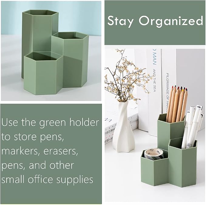 Pen Holder for Desk Pencil Organizer Small Desk Accessories Organizer Cute Pens Cup for Office,School and Home (Green, Triangular)