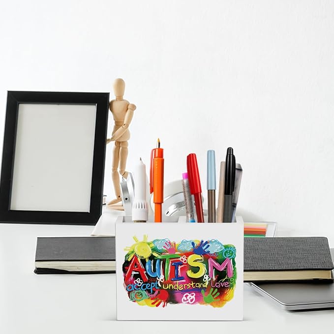 Autism Pencil Holder Decor Education Teacher Gifts for Office SPED Teachers Gift Autism Awareness Wooden Organizer Vase for Office Home Desk Gifts for Autistic Adult Girl Boy