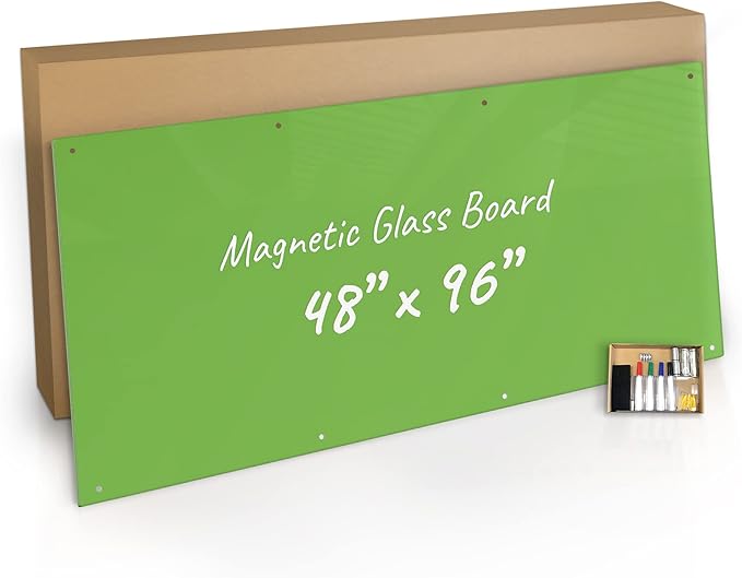 Glass Dry Erase Board for Wall - Magnetic Glass Board with Green Surface - Frameless 48"x96" with Magnets, Markers, Eraser, Marker Tray by Fab Glass and Mirror