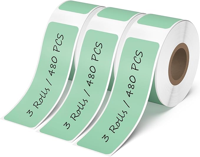 480 PCS D30 Label Maker Tape 0.47" × 1.57" (12 × 40 mm) Vinyl Waterproof Thermal Stickers Self-Adhesive Decals for Retail Office Home School Green