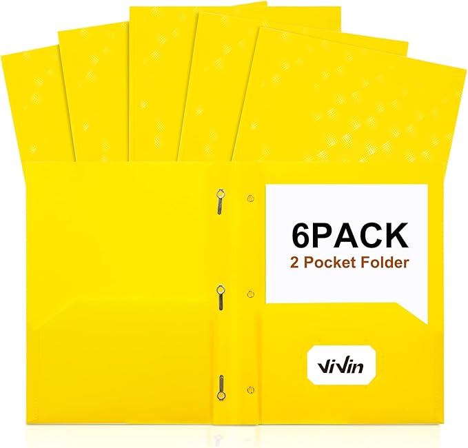 ViVin Plastic Folders with Pockets and Prongs,6 Pack,Heavy Duty 2-Pocket File Folder with 3 Fasteners,Fits Letter Size Paper,for School Home and Office(Bright Yellow)