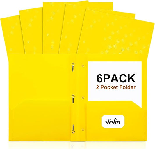 ViVin Plastic Folders with Pockets and Prongs,6 Pack,Heavy Duty 2-Pocket File Folder with 3 Fasteners,Fits Letter Size Paper,for School Home and Office(Bright Yellow)